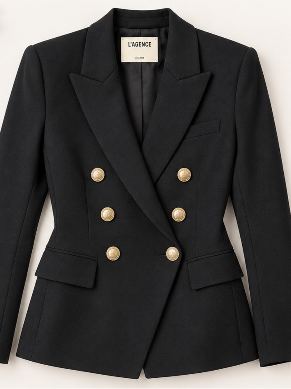 L'AGENCE Black Double-Breasted Blazer with Gold Buttons